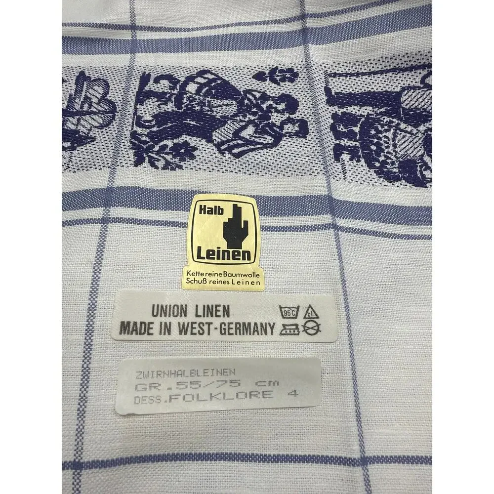 Vtg Blue White German Folk Theme Design Linen Kitchen Tea Towels Grandma Core